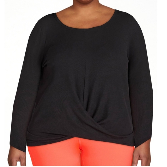 Avia. Black Ribbed Long Sleeve Twist Front Top. Size XXXL. NWT. - Picture 1 of 6